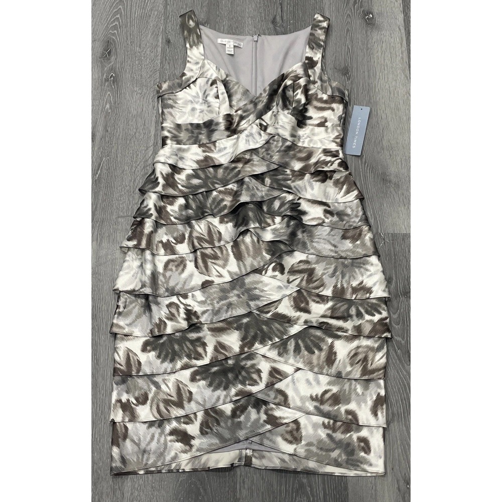 London Times Satin Sheath Shift Dress Ruffle Neutrals Abstract Print Women 8 NWT